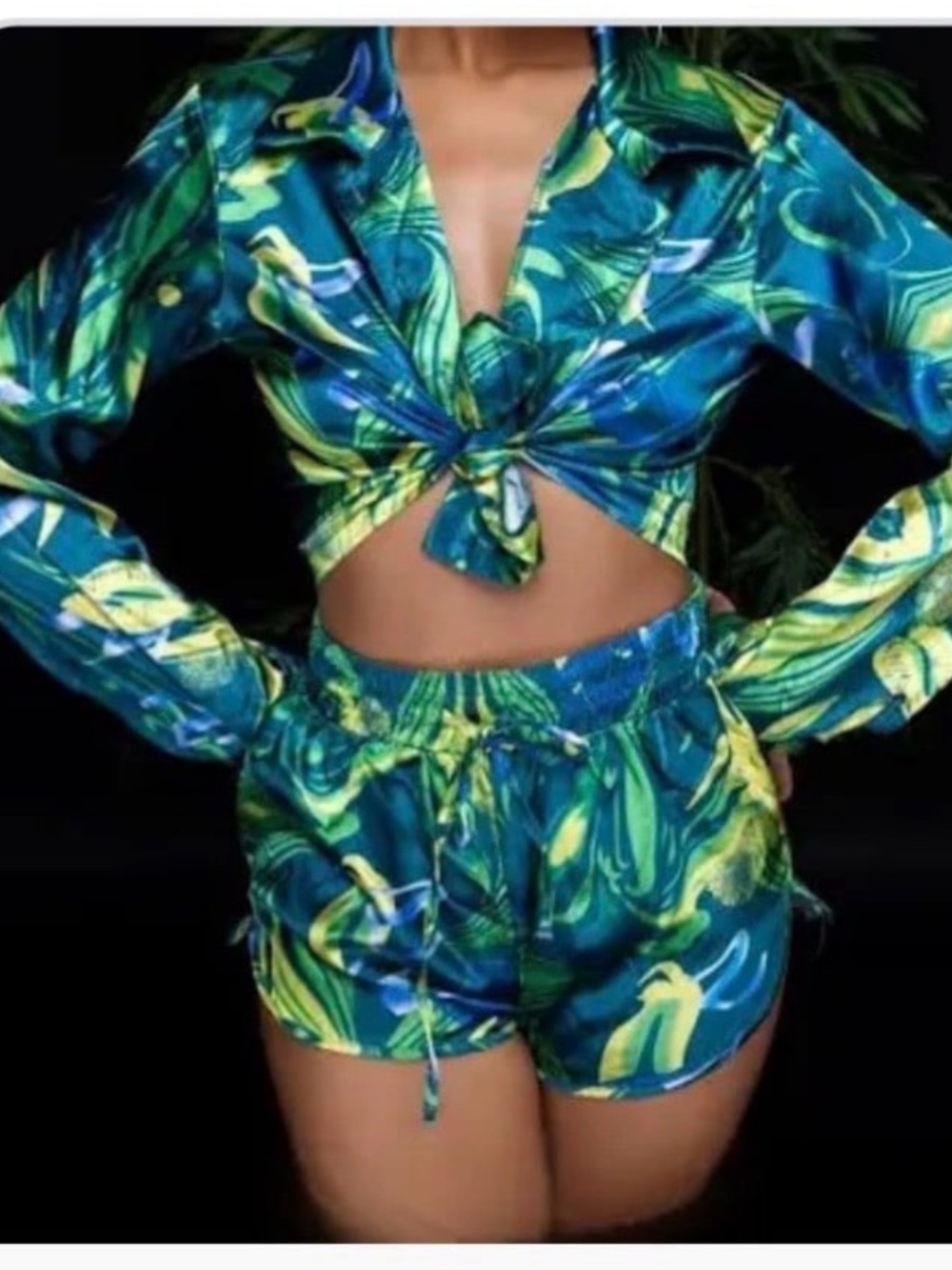 SHEIN Green Blue Tropical Print Tie-Front Shirt & Shorts Set